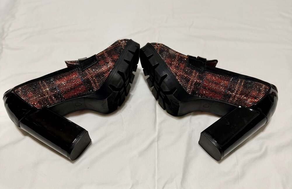 Betsey Johnson Adelyn Rhinestone Plaid Loafer Platform Heels - Picture 8 of 8